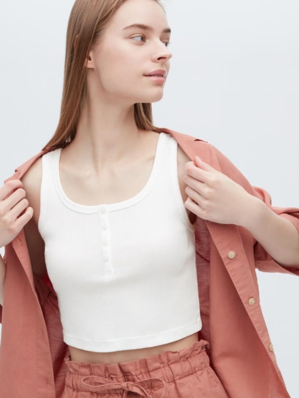 Uniqlo White Ribbed Henley Tank Top